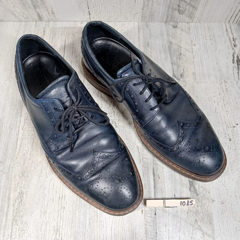 Ecco Shoes‎ Men's 9 Navy Blue Leather Wingtip Oxford Dress Brogue Detail